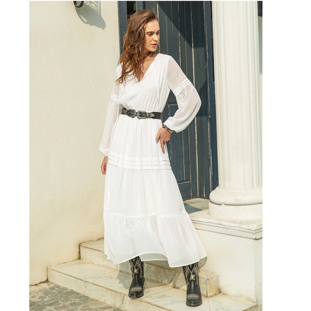 White Bohemian Maxi Dress Chiffon Neck Ties Long Sleeve Ruffle Hem Flowy - Picture 8 of 10